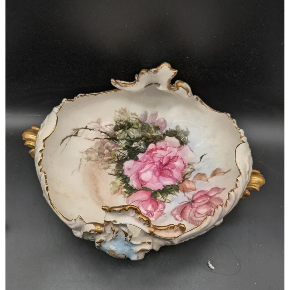 Vintage Hand Painted Floral Porcelain Centerpiece Bowl Gold Gilt Cherub Footed